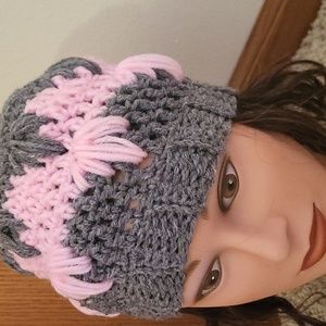 Girls kids hat, hand made crochet by me pink grey frozen pattern NWOT